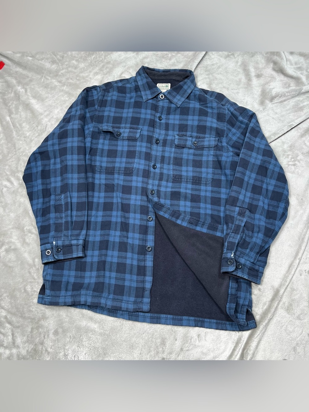 LL Bean Fleece Lined Flannel Shirt Mens M Blue/Black Shacket Plaid Button Up